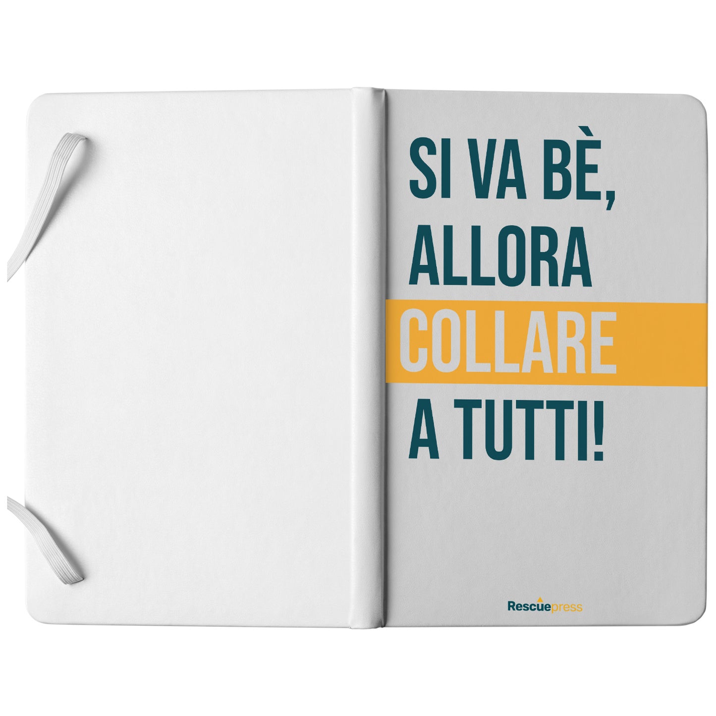 Taccuino Si va bè allora collare a tutti Journal dell'album RescueNotes di Rescue: copertina soft touch in 8 colori, con chiusura e segnalibro coordinati